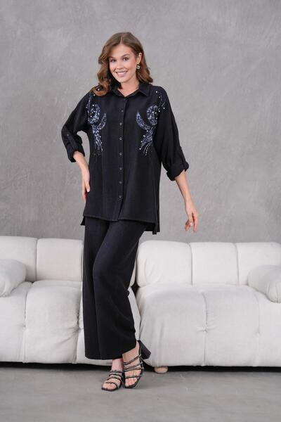 BURRASCA طقم كتان مطرز بالأحجار