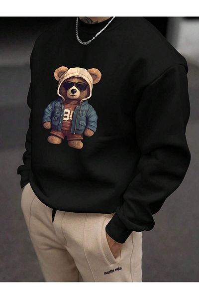 MODARİCH 80 Bear Black Printed Oversize Sweatshirt - Raised Crew Neck