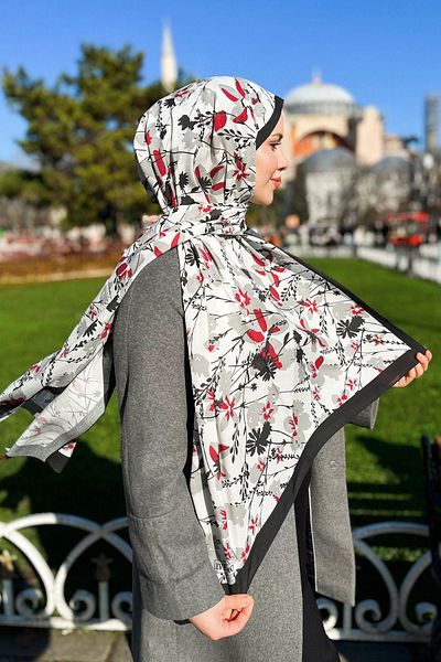 EVERMORE Fresh Shawl - Ανοιξιάτικο μοτίβο - EM001-08 - Γκρι, Μπορντό