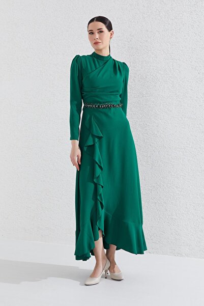Genel Markalar Dadali Eteği Volanlı Beli Taşlı Elbise Zümrüt Yeşili
