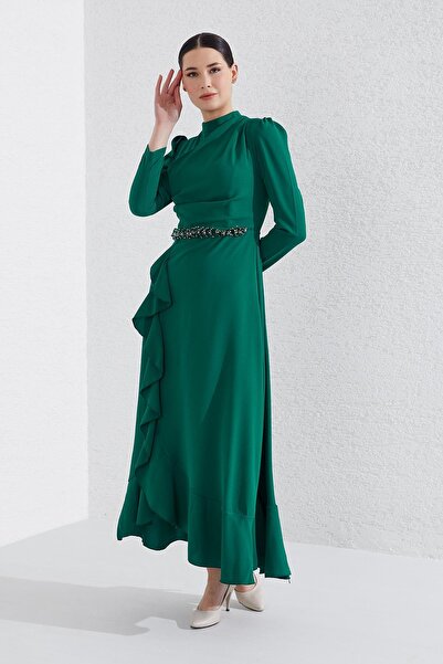 Genel Markalar Dadali Eteği Volanlı Beli Taşlı Elbise Zümrüt Yeşili