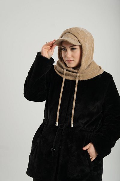 HÜRREM BONE Beige Plush Casual Hat - Lace-Up Balaklava Jacquard Plain 2332_12