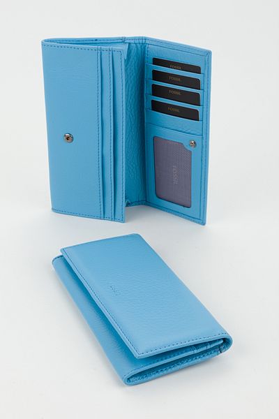 Fossil Boxed Genuine Leather Sky Blue Large Size Women's Hand Portfolio Card Holder Wallet