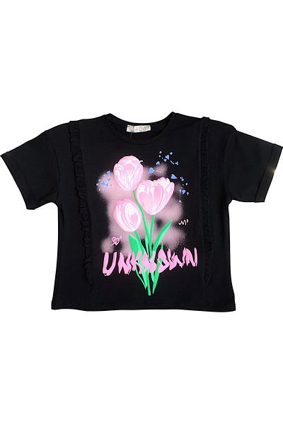 Little Star Girl's Floral Printed Ruffle Trim Tshirt