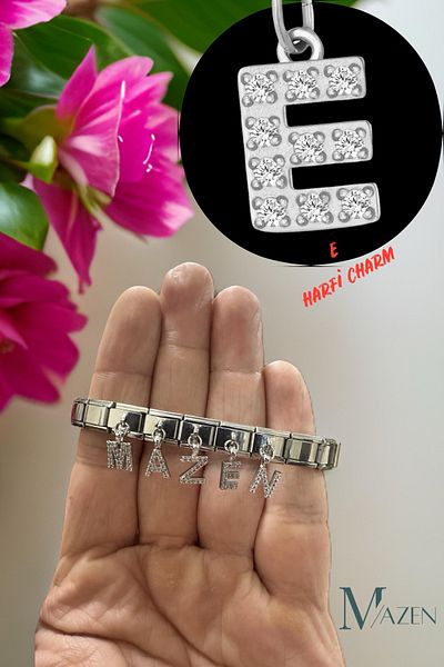 MAZEN Letter E Hanging Italian Bracelet Charm with Zircon Stone 1 Piece