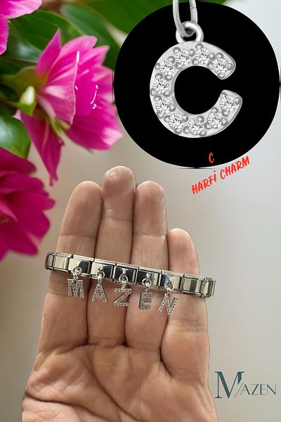 MAZEN 1 Piece C Letter Hanging Italian Bracelet Charm with Zircon Stone