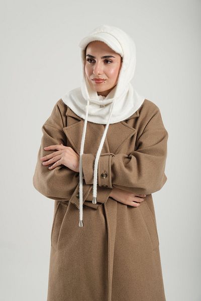 HÜRREM BONE Cream Balaklava with Plush Loose Hat - Jacquard with Lace-Up and Neck Collar 2332_40