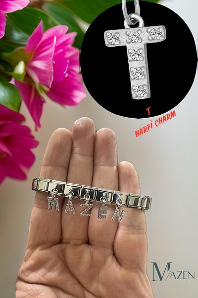 MAZEN 1 Piece t Letter Hanging Italian Bracelet Charm with Zircon Stone