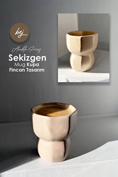 Anadolu Saray Ceramic Beige Handmade Mug - Octagonal Design, Cup, 1 Piece