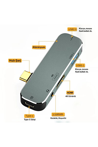 Techmaster Type-c Usb 3.1 Usb 3.0 Usb 2.0 Hdmi Pd 3.5m Giriş Çevirici Hub X5