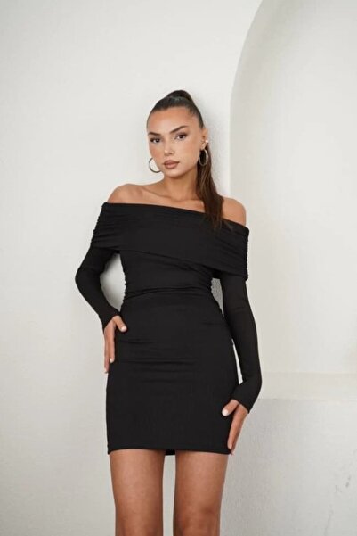 VELİZADE Yeni Sezon Omzu Açık Model Madonna Kayık Yaka Örme Büzgülü Drape Detaylı Kısa Şık Elbise Abiye