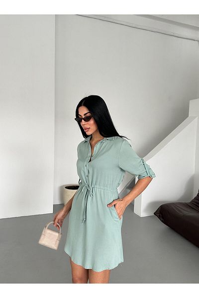 Appleline Midi Length Cotton Viscose Tunic Dress - Size Drawstring Mint
