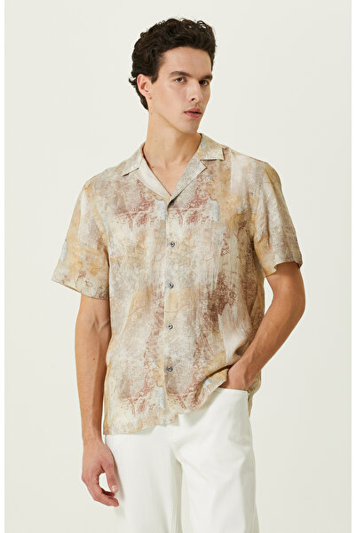 Network Bej Baskılı Keten Gömlek