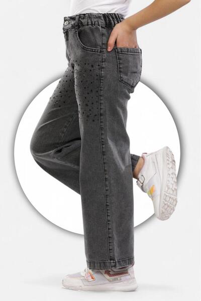 ModiClas % 97 Pamuk-Siyah Kot-Denim-Jeans-Serpme Taşlı-Lastikli--Kız Çocuk Pantolonu