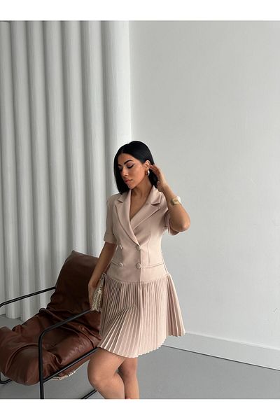 Appleline Beige Women's Pleated Hem Half Sleeve Jacket Dress