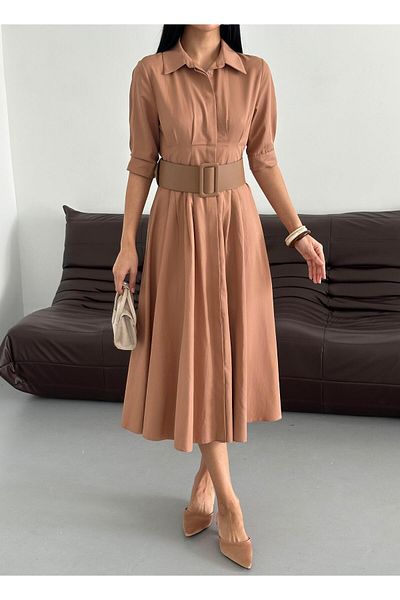 Appleline Lucy Fabric Maxi (Long) Length Half Sleeve Belt Dress Brown
