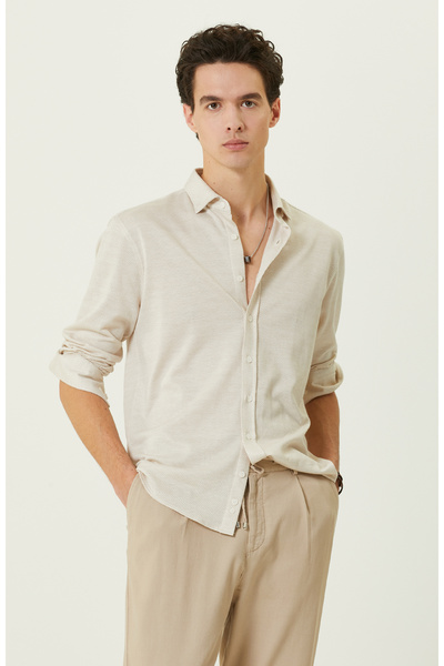 Network Bej Uzun Kollu Örme Gömlek