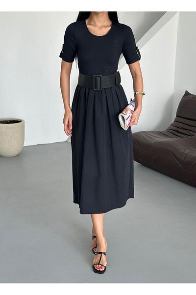 Appleline Camisole Short Sleeve Summer Black Dress with Belt