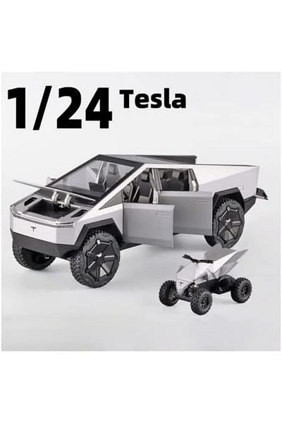 AWH Tesla Cybertruck Pickup Toy Alloy Diecast Model with Motorcycle,Sound & Light Features – Silver