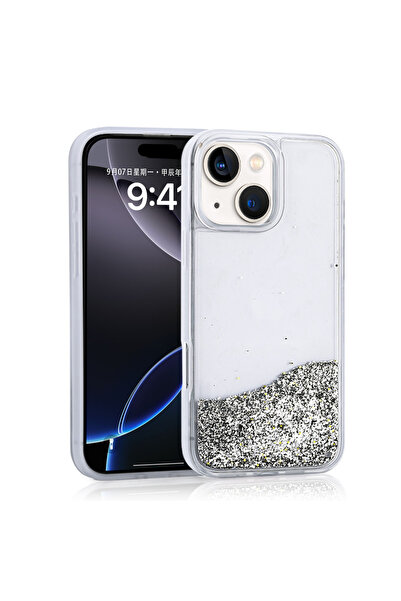 UnDePlus Apple iPhone 15 Kılıf İçi Simli Sıvılı Şeffaf Keto Silikon Kapak
