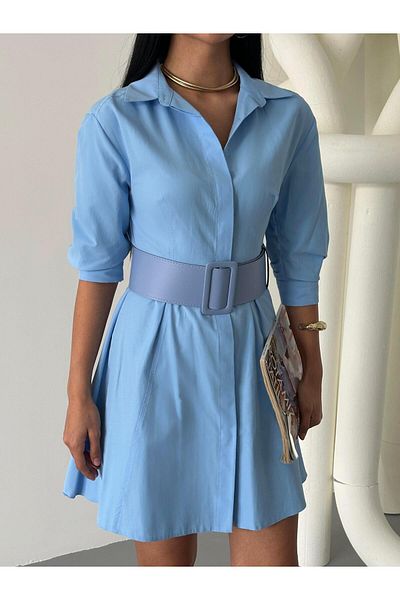 Appleline Rochie midi Baby Blue Lucy Fabric - Cu jumătate de mânecă și curea