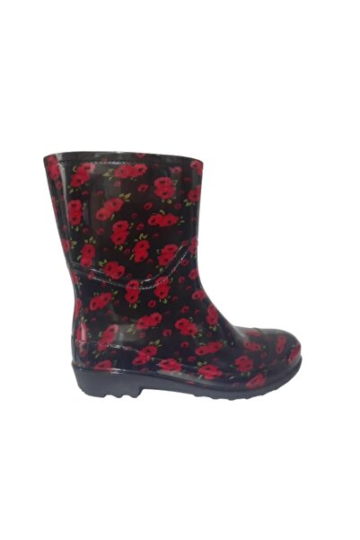 Emek Kadın Siyah-Kırmızı Çiçekli 23 Cm Kısa Bahçe Yağmur Çizmesi EMKK809-42