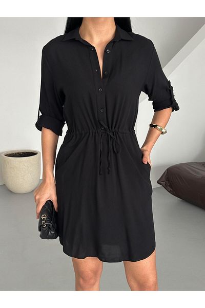 Appleline Black Midi Tunic Dress - Gathered Cotton Viscose, Women'S, Midi Length