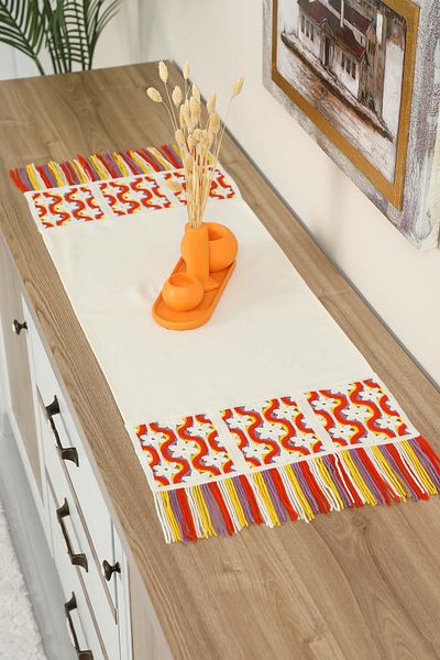 Aisha's Design عداء ملون بأهداب مقاس 90 × 30 سم - مزود بزخارف، R-97K