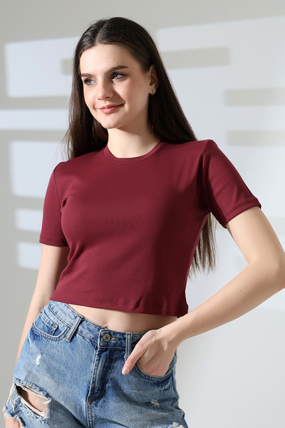 Endies Βαμβακερό συμπαγές χτενισμένο βαμβακερό μπλουζάκι με λαιμόκοψη 21560 Claret Red