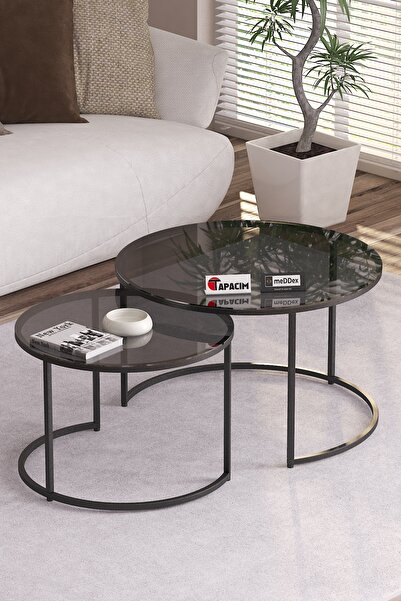 meDDex Riga Orta Sehpa 2'Li Füme Cam ( Temperli ) - Siyah Metal