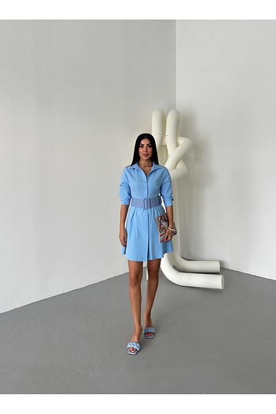 Appleline Rochie midi Baby Blue Lucy Fabric - Cu jumătate de mânecă și curea