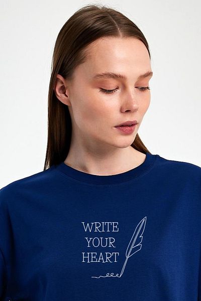 FİHA /2512-UNISEX OVERSIZE ΕΚΤΥΠΩΜΕΝΟ T-SHIRT ΜΕ ΣΤΡΟΓΓΥΛΟ ΛΑΙΜΟ - ΣΚΟΥΡΟ ΜΠΛΕ