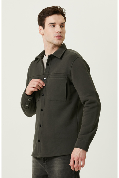 Network Pamuklu Haki Örme Dış Gömlek