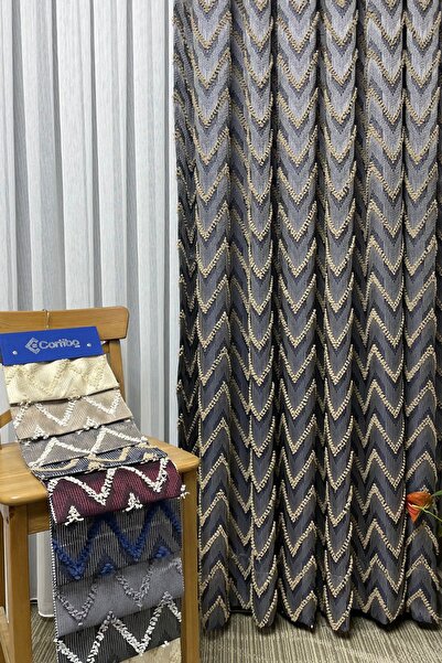 Cortibo Verona Patterned Background Curtain Navy Blue & Mink - Without Piles