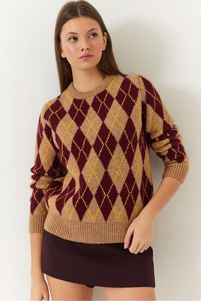 Bianco Lucci Pulover de damă cu decolteu rotund cu model Argyle 241192 60261036