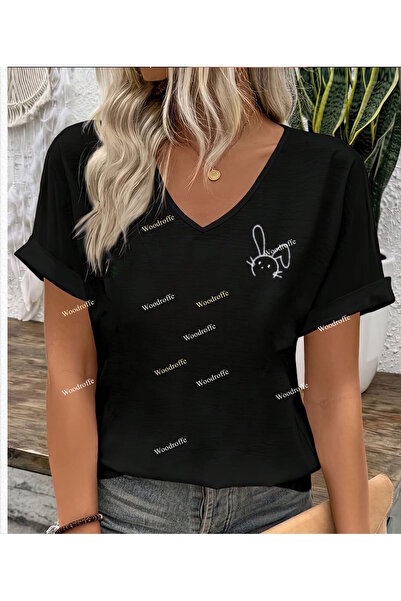 WOODROFFE New Season - Γυναικείο μαύρο μπλουζάκι με λαιμόκοψη σε σχήμα V με σ...