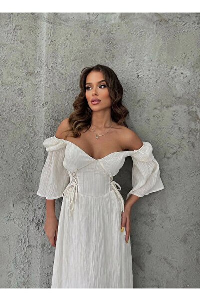 FASHION COCKTAIL Çift Bel Korseli Düşük Omuz Yarım Kollu Bohem Maxi Bilekte Uzun Tatil Elbisesi