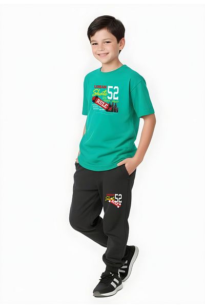 YA KO KİDS Skate 52 Printed Boy's Short Sleeve Double Pocket Bottom-Top Suit