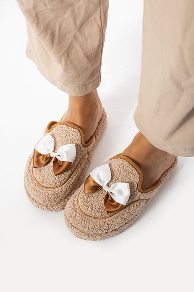 Aybors Beige Women's Winter Slippers with Bow Tie
