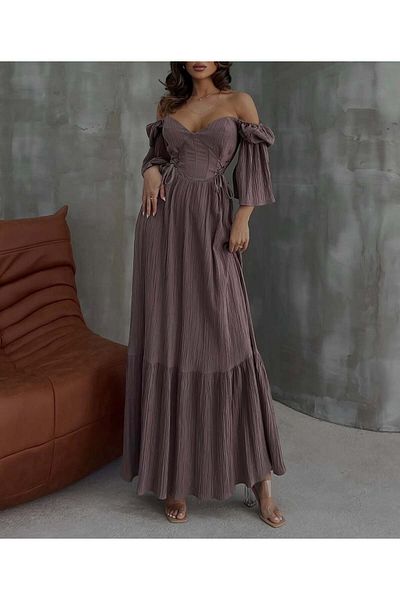 FASHION COCKTAIL Double Waist Corset Off Shoulder Half Sleeve Bohemian Maxi Ankle Long Vacation Dress