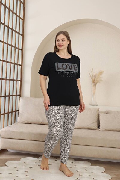 Lunaberry Women's Leopard Large Oversize Short Sleeve Long Bottom Cotton Pajamas Set