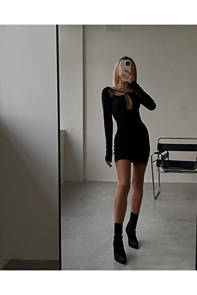 MYVOLANTE Siyah Dalgıç Kumaş Kadın Streç Bilekte Topuklu Bot