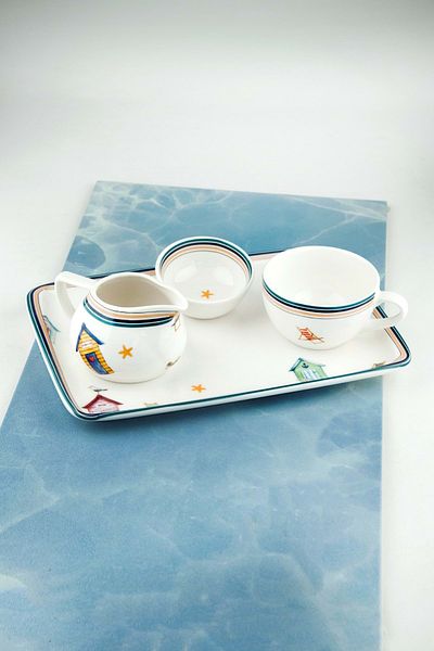 Bursa Porselen Dekor Beach Huts Tea Cup with Porcelain Tray & Turkish Delight Holder & Milk Bowl