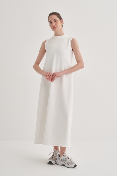 EBU Prive Kadın Çelik Örme Sıfır Kol Elbise Ekru