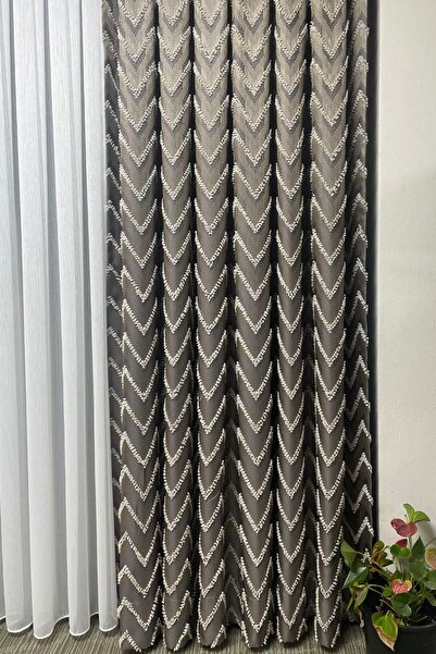 Cortibo Verona Patterned Background Curtain Stone - Pleated Free