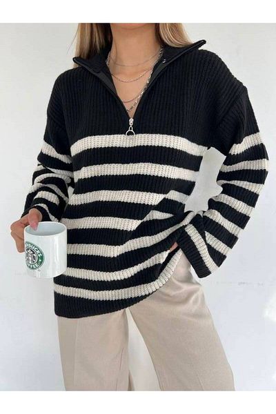 la & vetta Black Zippered Oversize Knitwear Sweater
