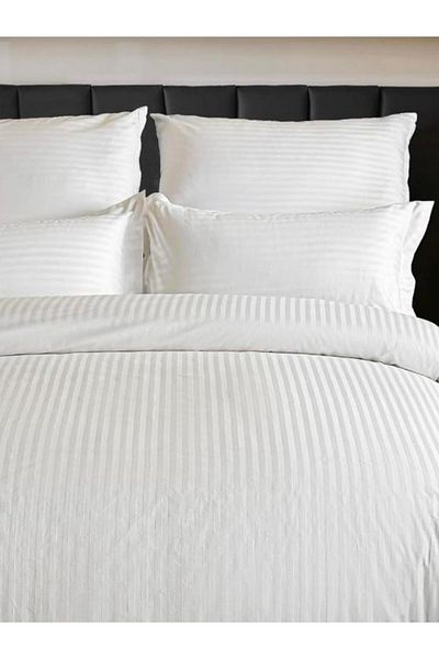 Semay Tekstil Single White Color Striped Micro Satin Fabric Duvet Cover Set