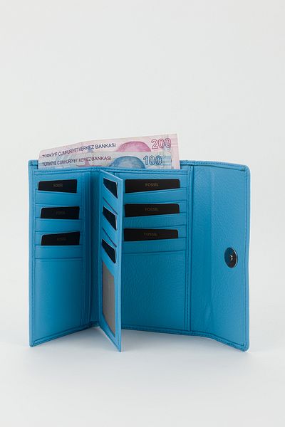Fossil Boxed Genuine Leather Sky Blue Medium Size Multi-Compartment Women's Hand Portfolio Card Holder Wallet