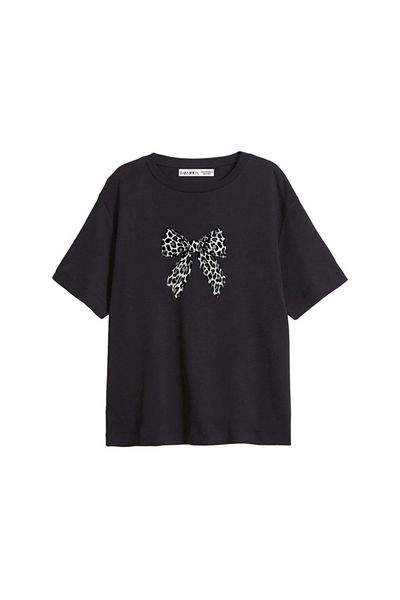 Sekizbiraltı Tricou negru pentru femei, cu imprimeu leopard „V2”.
