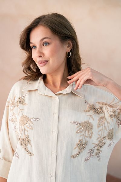 MVStore Women's Sequin Embroidery Stone Embroidered Flam Linen Shirt and Pants Set
